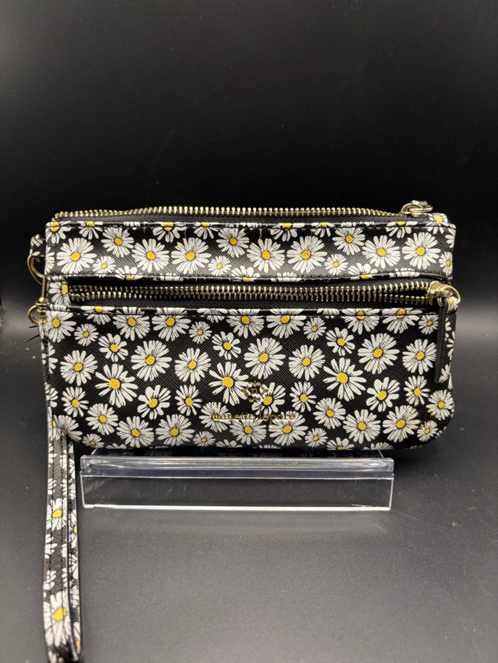 Nanette Lepore Black Daisy-Print Wristlet with Yellow Centers and Gold Hardware